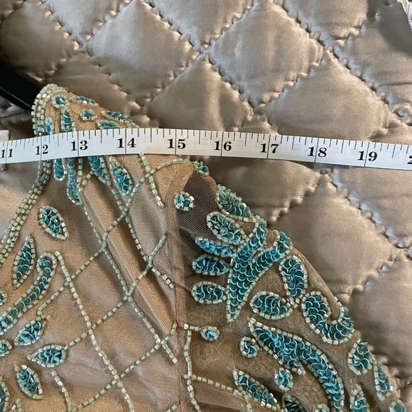 LARA {6} Dress Nude Teal Beaded Cocktail Dress Long-Sleeved - Picture 14 of 16